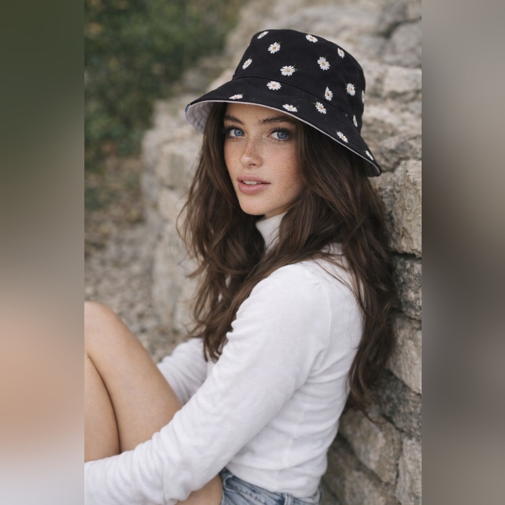 Alice + Olivia Reversible Daisy Bucket Hat Black & White Floral Stacey Bendet